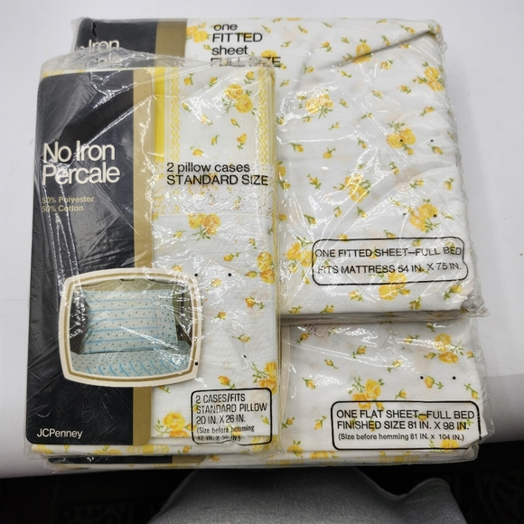 VTG yellow flower lace trim Full sheet set Percale JCP Fitted Flat Percale